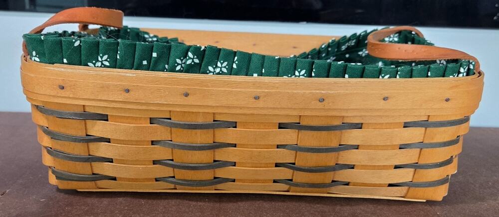 Vintage 1999 Longaberger Rectangle Basket Green Heritage Fabric Liner & Handles